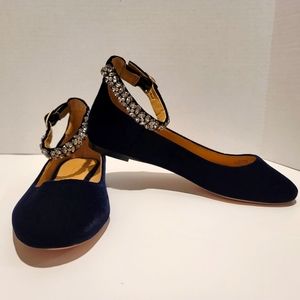 Talbots Blue Velvet Jeweled Ankle Strap Flats 6.5M